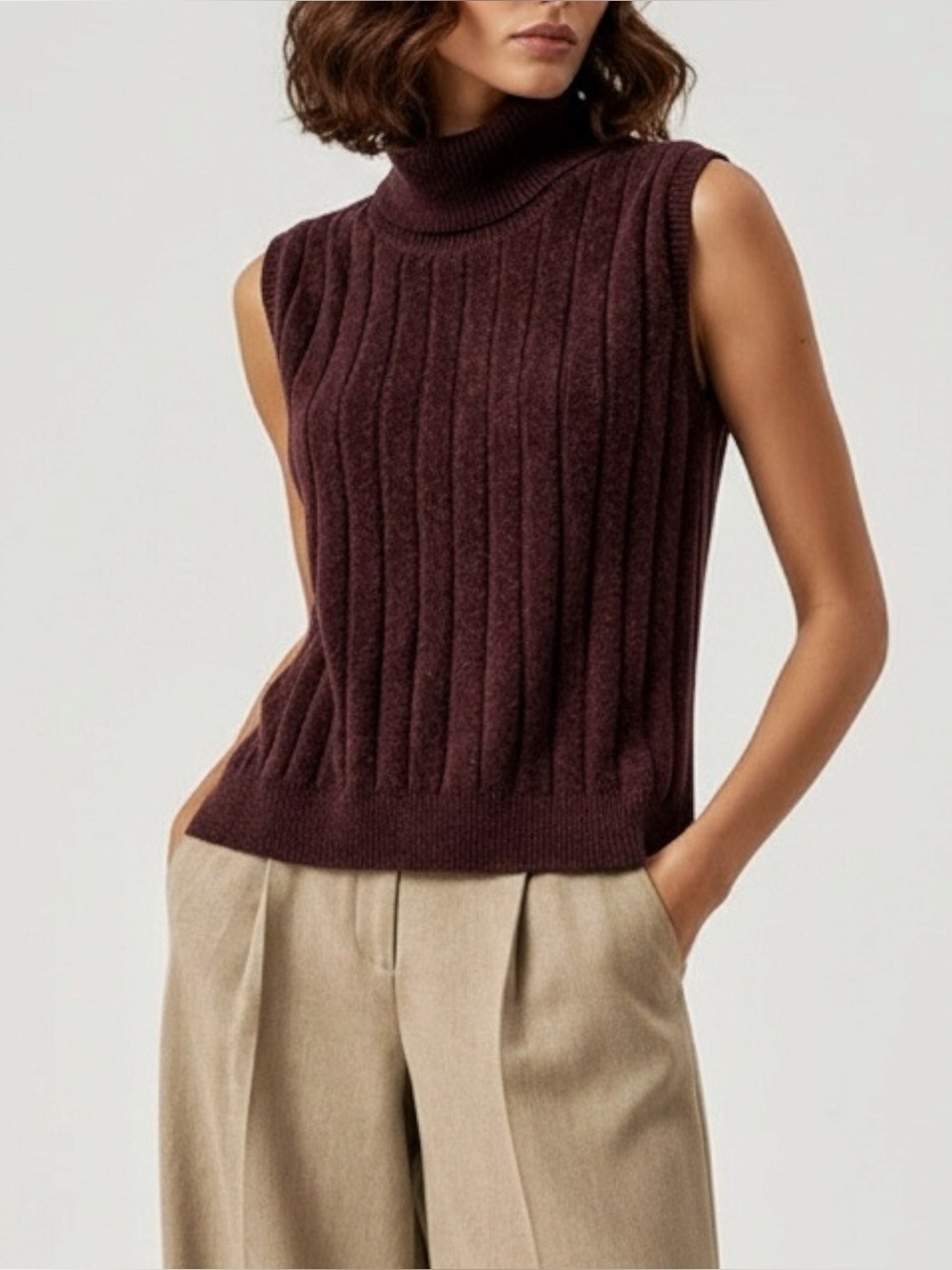 LILYSILK Turtleneck Sleeveless Cashmere Vest, Fruitwood, Small